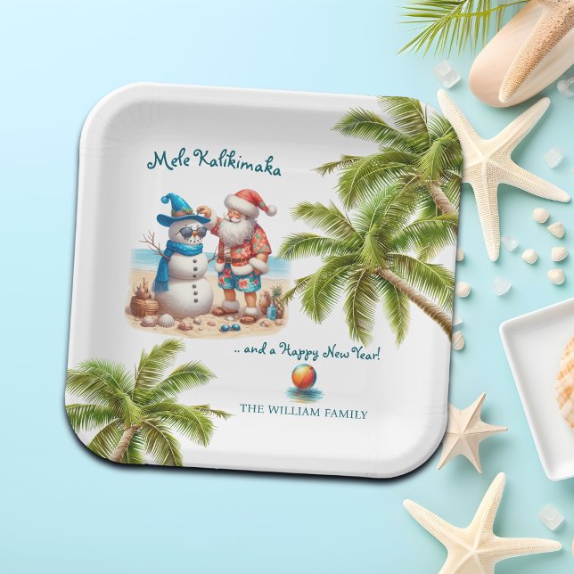 Santa and Snowman Mele Kalikimaka Christmas Paper Plate (Creator Uploaded)
