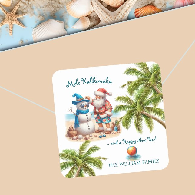 Santa and Snowman Mele Kalikimaka Christmas Square Sticker (Creator Uploaded)