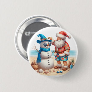 Santa and Snowman Tropical Island Christmas 6 Cm Round Badge