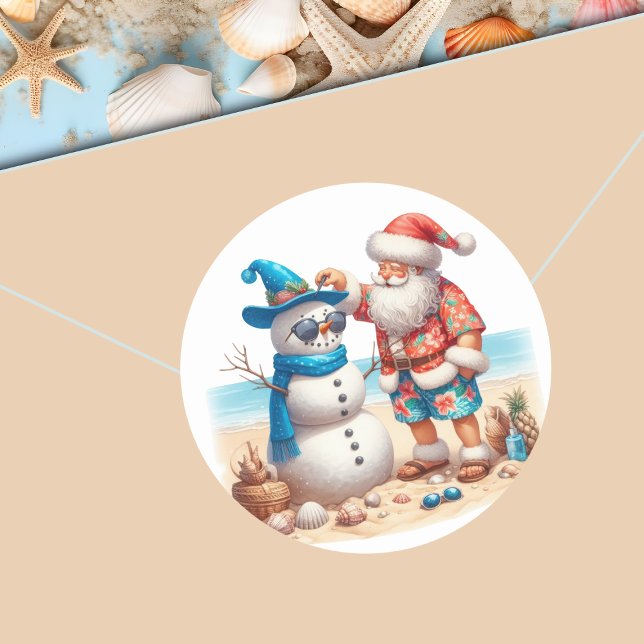 Santa and Snowman Tropical Island Christmas Classic Round Sticker (Creator Uploaded)