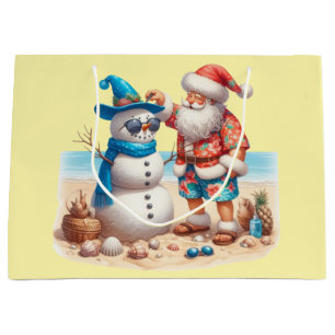 Santa and Snowman Tropical Island Christmas Large Gift Bag