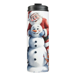 Santa and the cat family repair a snowman’s hat an thermal tumbler