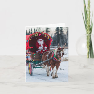 Santa and the Pinto Draught Horse Colourful Wagon Card