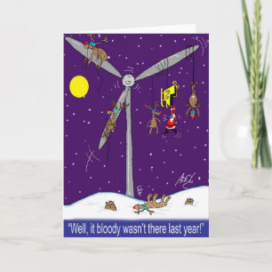 Santa and the wind farm cartoon holiday card