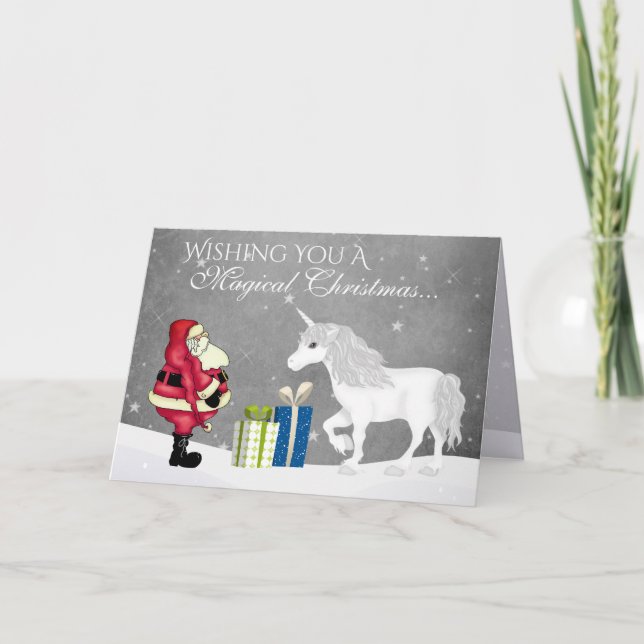 Santa and Unicorn Magical Christmas Happy New Year Holiday Card (Front)