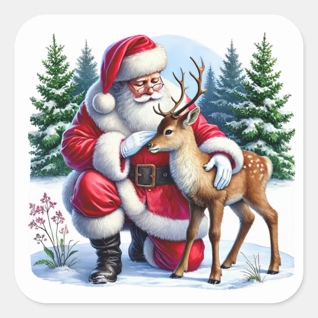 Santa and Young Reindeer in Winter Square Sticker (Front)