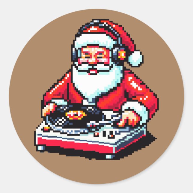 Santa as DJ: 8-Bit Christmas Cheer Classic Round Sticker (Front)