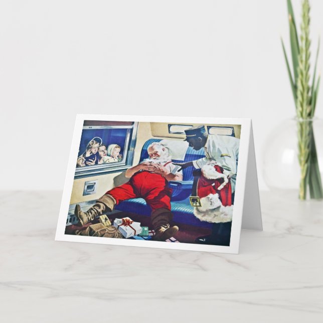 Santa Asleep on a Train Holiday Card (Front)