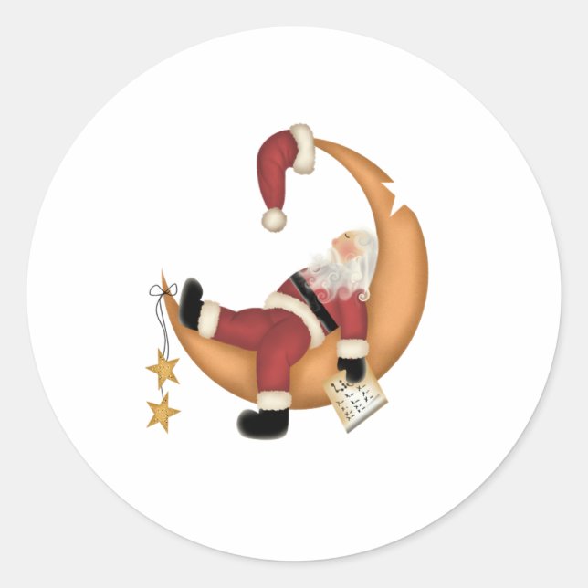 Santa Asleep on Moon Christmas Classic Round Sticker (Front)