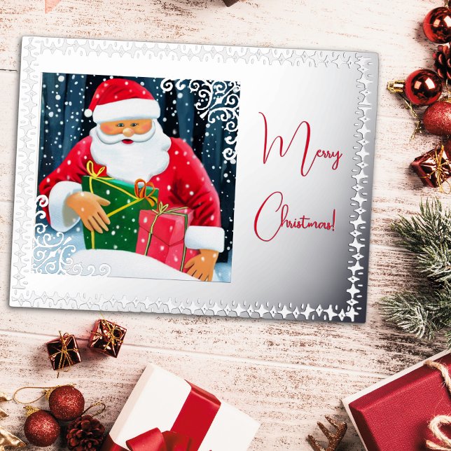 Santa at Christmas in  the snow with silver Foil Holiday Postcard (Creator Uploaded)