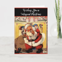 Santa at Fireplace with Puppies Vintage Retro 