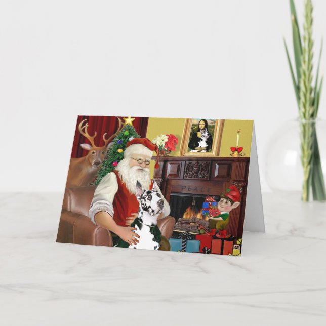 Santa At Home - Great Dane (Harlequin) Holiday Card (Front)