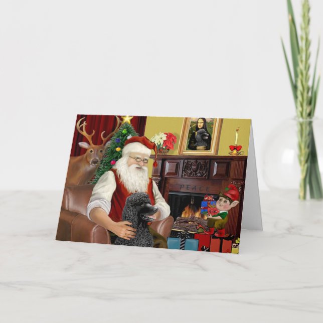Santa At Home - Poodle (Standard black) Holiday Card (Front)