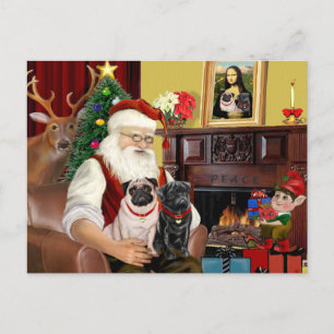 Santa At Home - Pugs two,2F,1blk) Holiday Postcard