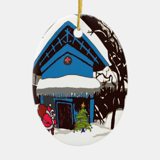 Santa at Swiss Chalet Ceramic Tree Decoration (Front)