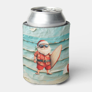 Santa at the beach for Summer Christmas Can Cooler
