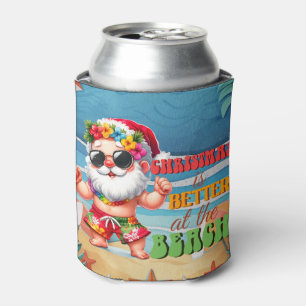 Santa at the beach for Summer Christmas Can Cooler