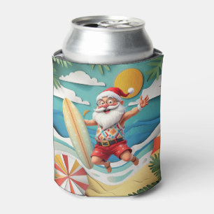 Santa at the beach for Summer Christmas Can Cooler