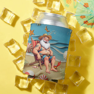 Santa at the beach for Summer Christmas Can Cooler