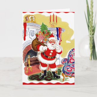 Santa at the Fireplace Bringing Toys Holiday Card