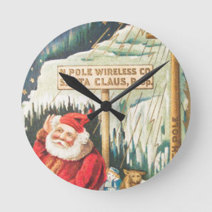 Santa at the North Pole Wireless Company Round Clock