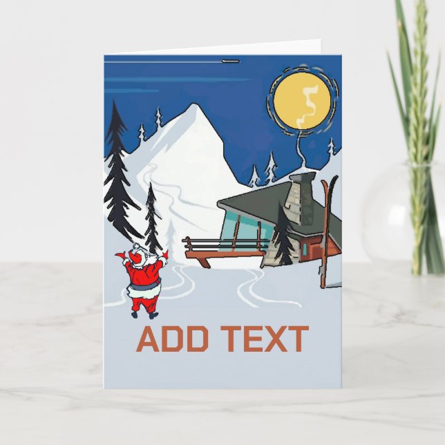 Santa at Vintage Snow Chalet, add text,  Card (Front)