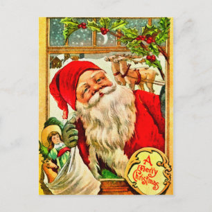 Santa At Window with Bag of Toys Holiday Postcard