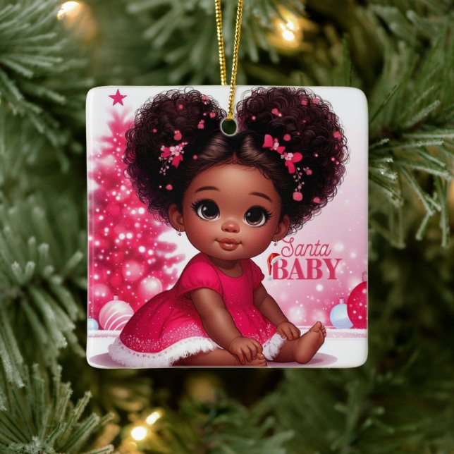 Santa Baby Afro Puff Infant Girl Christmas Ceramic Ornament (Tree)