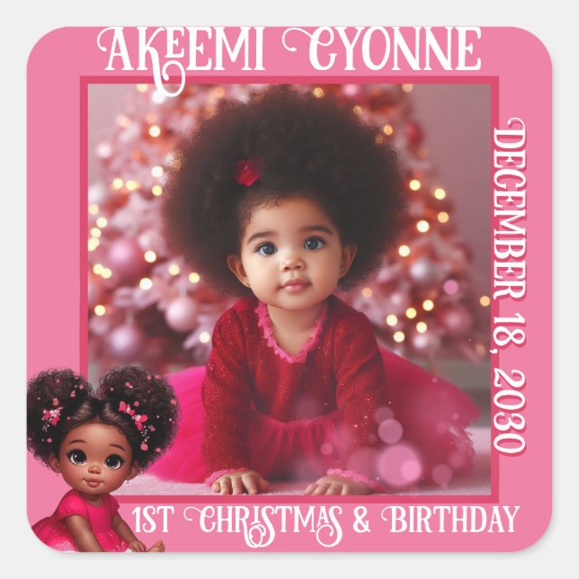 Santa Baby Afro Puff Infant Girl Christmas Photo Square Sticker (Front)