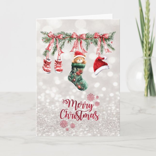  Santa Baby Bear Christmas Clothesline Bokeh Holiday Card (Front)