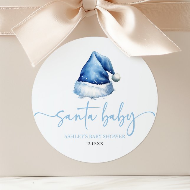 Santa Baby Blue Hat Christmas Holiday Baby Shower Classic Round Sticker (Creator Uploaded)