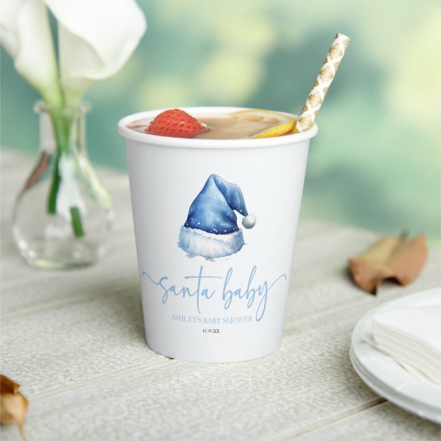 Santa Baby Blue Hat Christmas Holiday Baby Shower Paper Cups (Insitu)