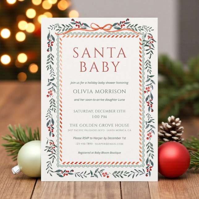 Santa Baby Bow Christmas Watercolor Baby Shower Invitation (Creator Uploaded)
