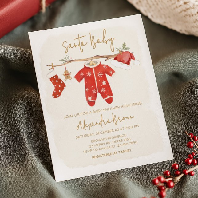 Santa Baby Christmas Baby Shower Invitation (Santa Baby Clothesline Christmas Baby Shower Invitation)