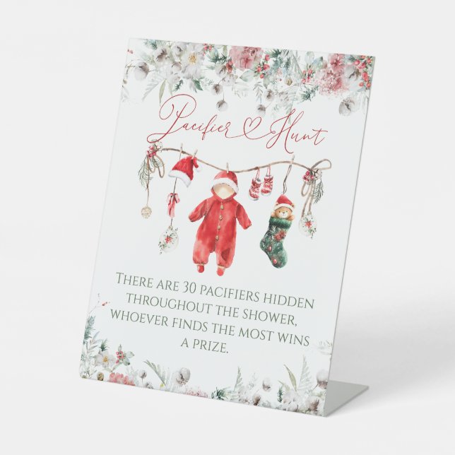 Santa Baby Christmas Baby Shower Pacifier Hunt Pedestal Sign (Front)