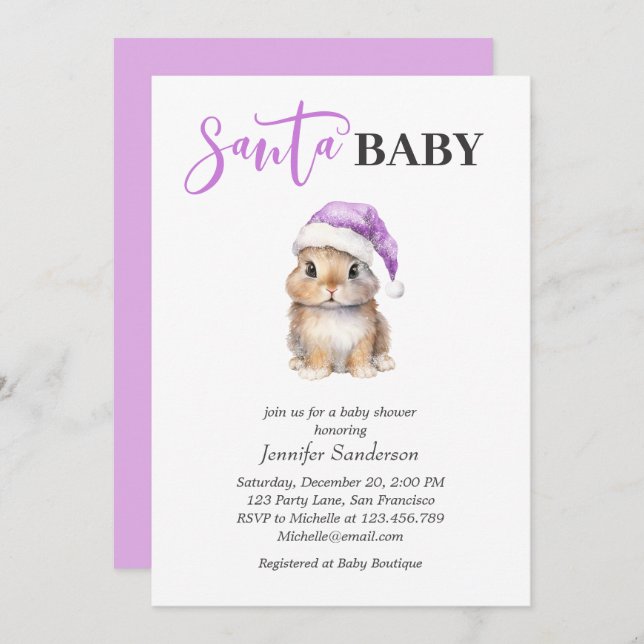 Santa Baby Christmas Baby Shower Purple Invitation (Front/Back)