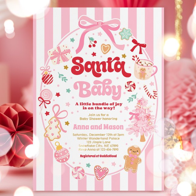 Santa Baby Christmas Coquette Bow Baby Shower Invitation (Creator Uploaded)