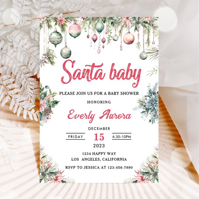 Santa Baby Christmas Floral Baby Shower Invitation (Creator Uploaded)