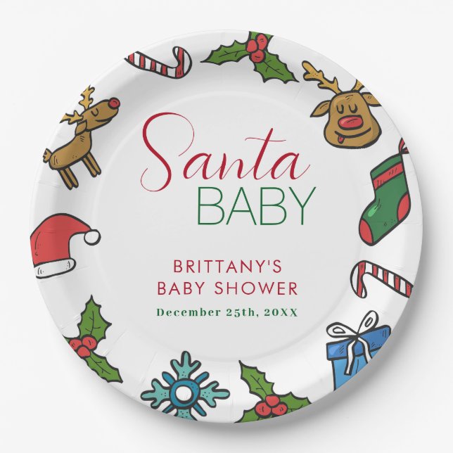Santa Baby Christmas Gender Neutral Baby Shower  Paper Plate (Front)