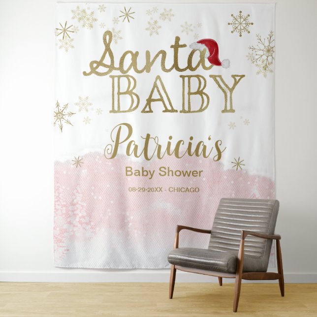 Santa Baby Christmas girl Baby Shower Backdrop Tapestry (In Situ)