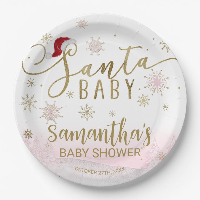 Santa Baby Christmas Girl Baby Shower Paper Plate (Front)