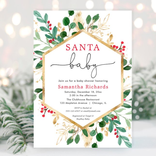 Santa Baby Christmas red greenery gold baby shower Invitation (Creator Uploaded)