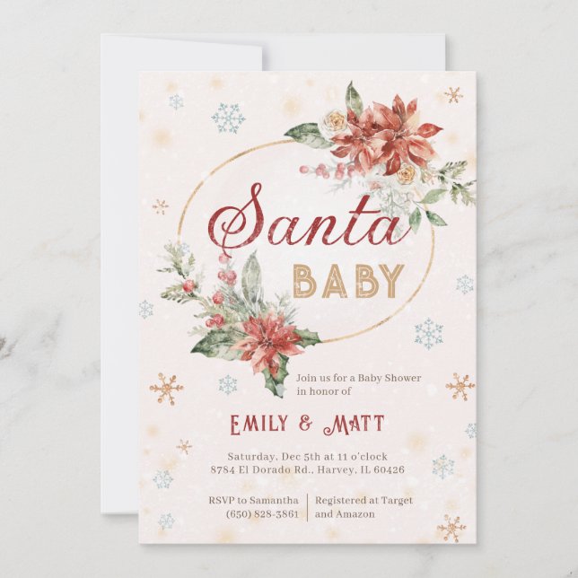 Santa Baby Christmas Shower Sprinkle Poinsettia Invitation (Front)