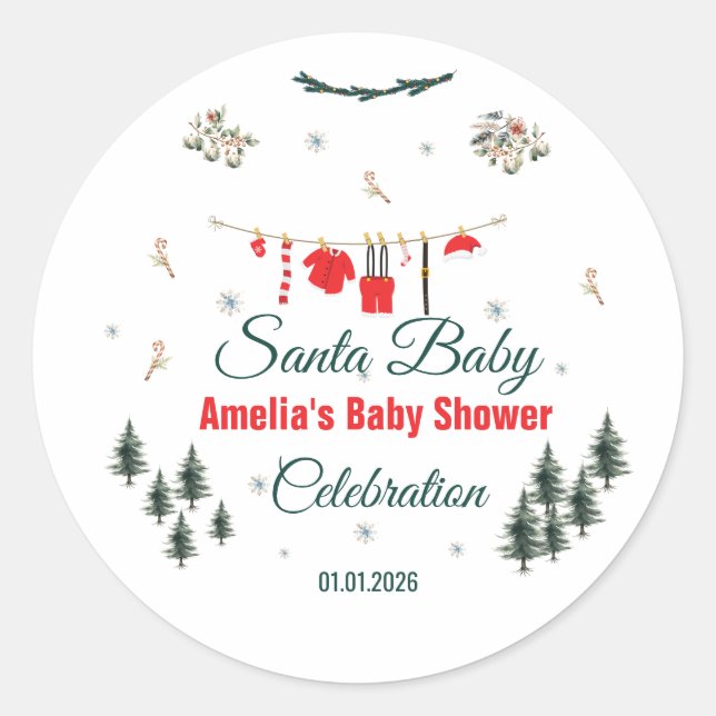 Santa Baby Christmas Theme Baby Shower  Classic Round Sticker (Front)