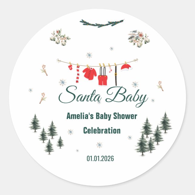 Santa Baby Christmas Theme Baby Shower  Classic Round Sticker (Front)