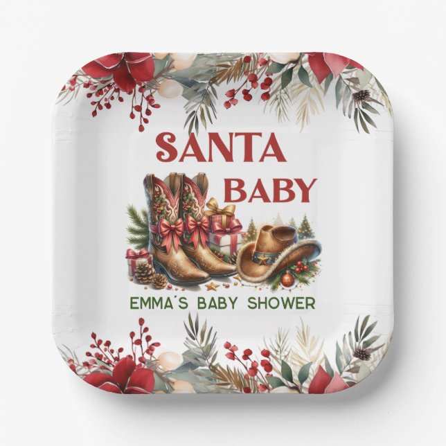 Santa Baby Cowboy Chirstmas Baby Shower Paper Plate (Front)