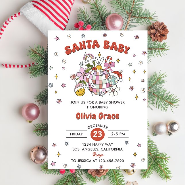 Santa Baby Cute Groovy Ball Baby Shower Party  Invitation (Creator Uploaded)
