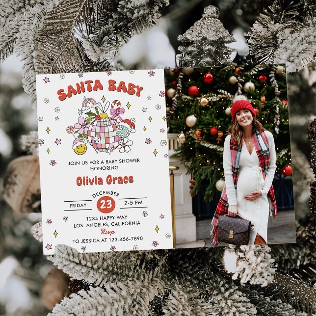 Santa Baby Cute Groovy Ball Baby Shower Photo Invitation (Creator Uploaded)