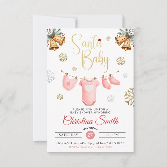 Santa Baby Gold Snowflakes Winter Baby Girl Shower Invitation (Front)