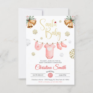 Santa Baby Gold Snowflakes Winter Baby Girl Shower Invitation